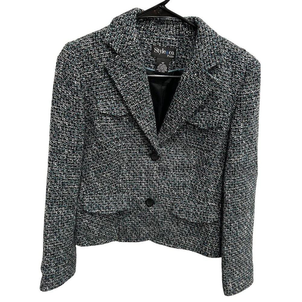 Style & Co Petite Tweed Blazer Jacket Black White Turquoise Fully Lined Sz 4P